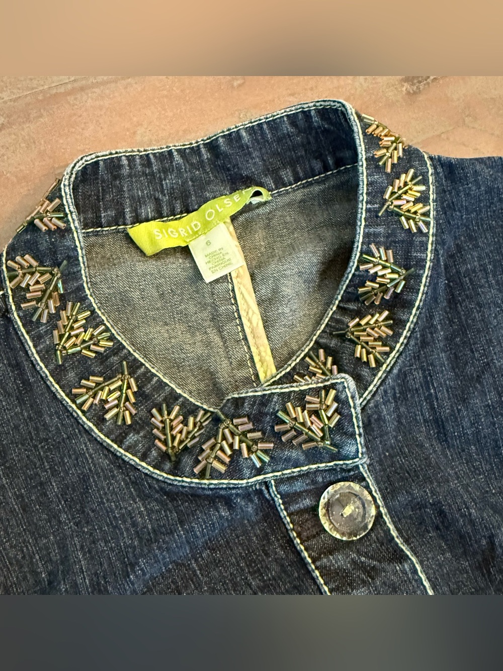 Sigrid Olsen Denim Jacket Beaded Collar Women’s Sz 6 Preowned - Picture 4 of 10